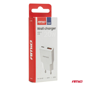 Ładowarka sieciowa 230V 20W GaN USB-C USB-A AMIO-0-183542