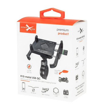 Uchwyt motocyklowy R10-metal USB QC czarny-83416
